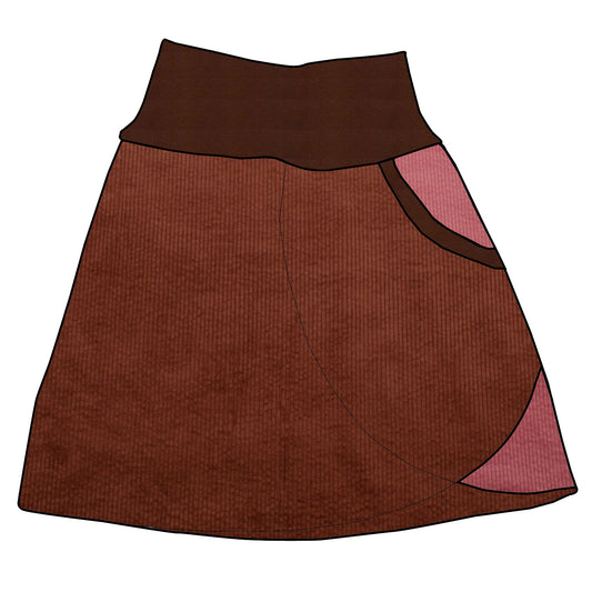 Damen Cordrock / falscher Wickelrock Cord Braun / Rosa