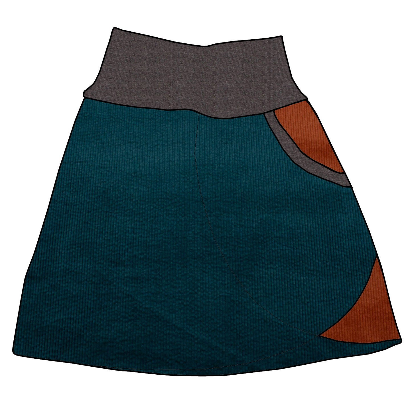 Damen Cordrock / falscher Wickelrock Cord Petrol / Rostrot