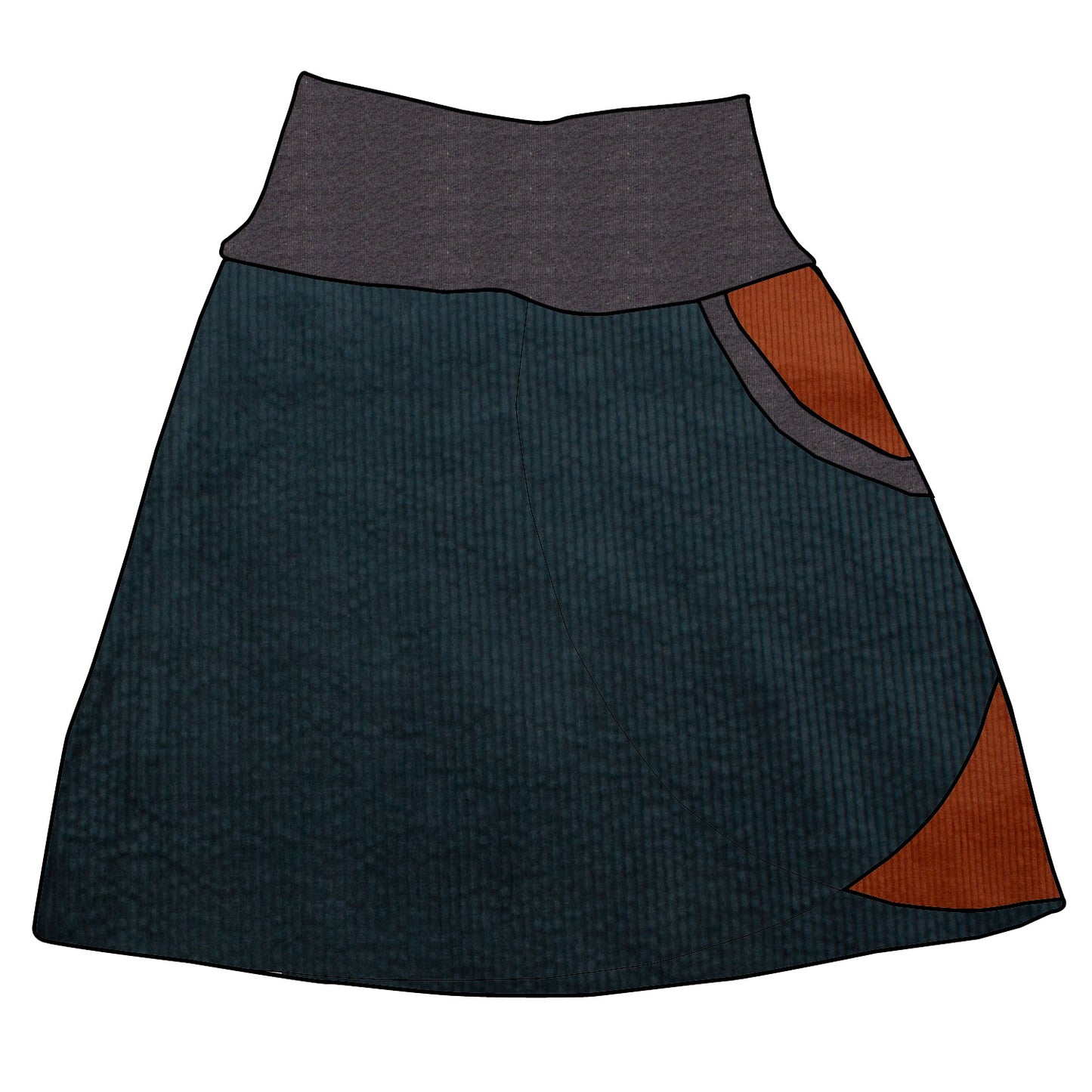 Damen Cordrock / falscher Wickelrock Cord Dunkelpetrol / Rostrot