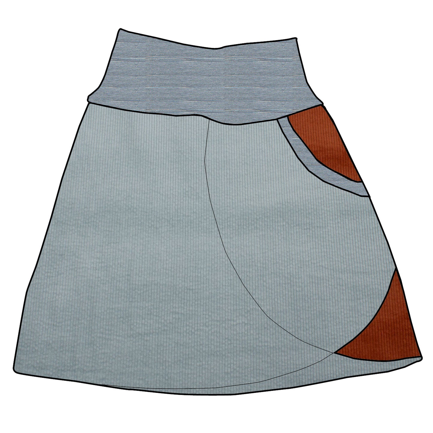 Damen Cordrock / falscher Wickelrock Cord Eisblau / Rostrot