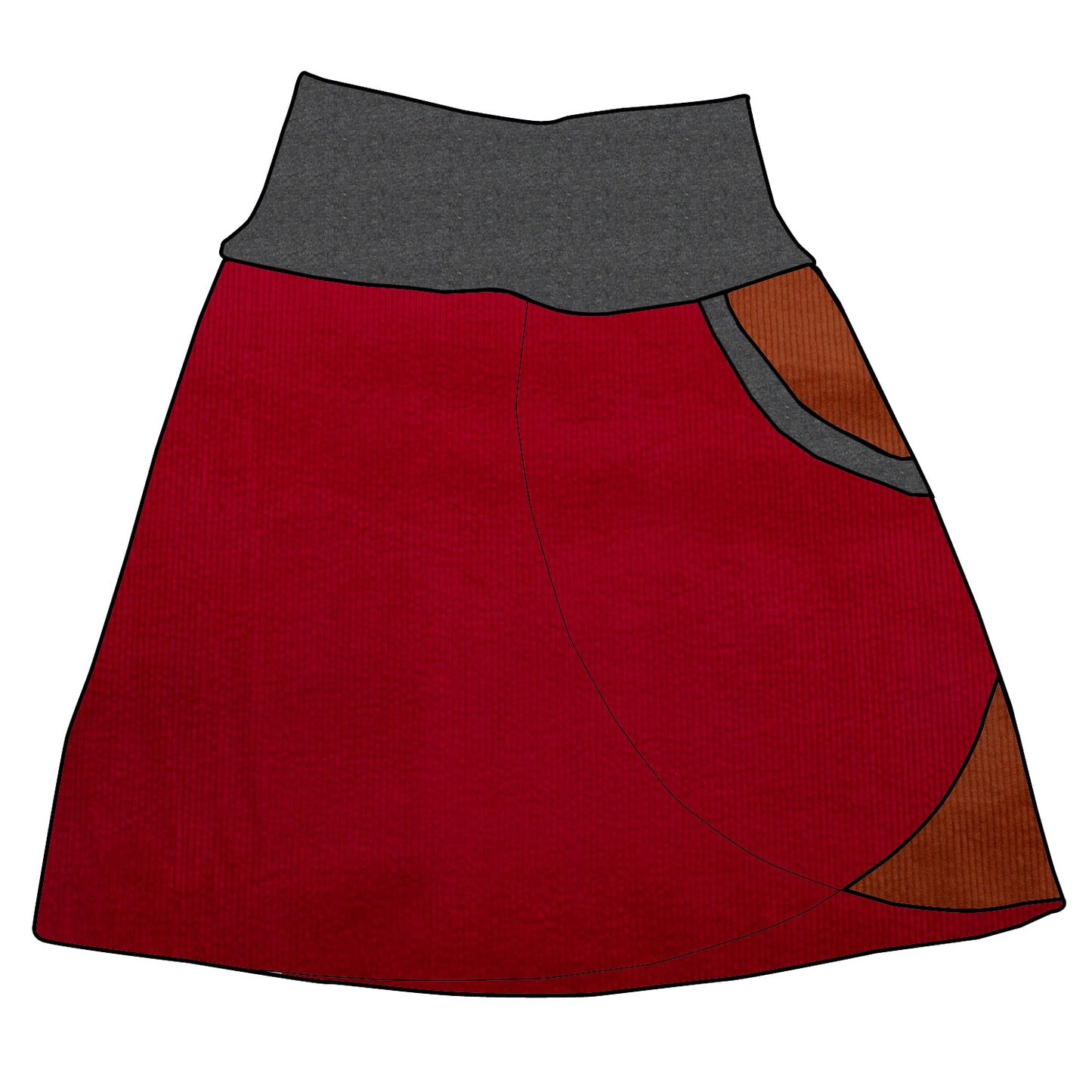 Damen Cordrock / falscher Wickelrock Cord Rot / Rostrot