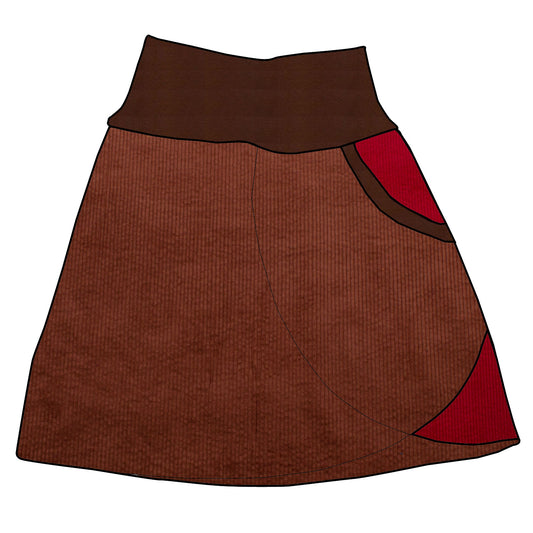 Damen Cordrock / falscher Wickelrock Cord Braun / Rot