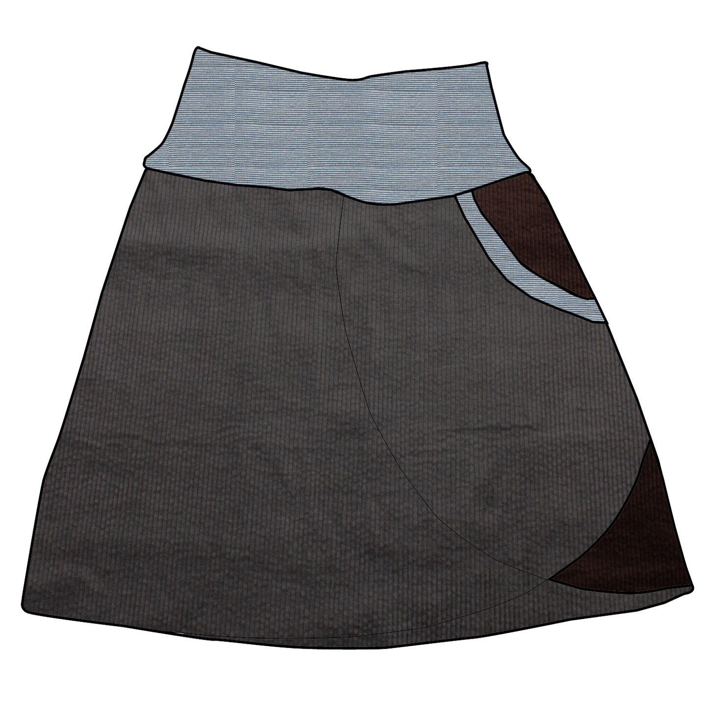 Damen Cordrock / falscher Wickelrock Cord Dunkelgrau / Schokobraun