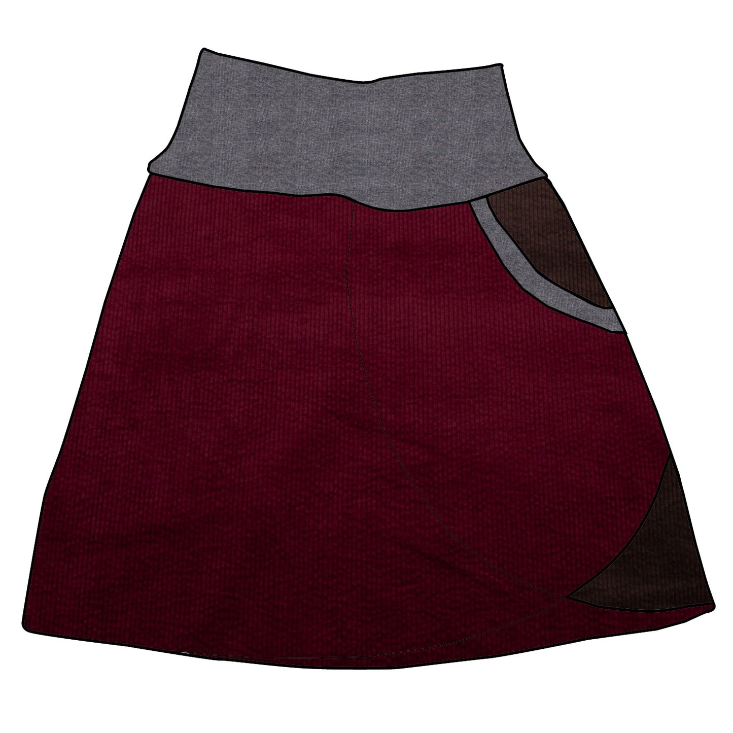 Damen Cordrock / falscher Wickelrock Cord Beere / Schokobraun