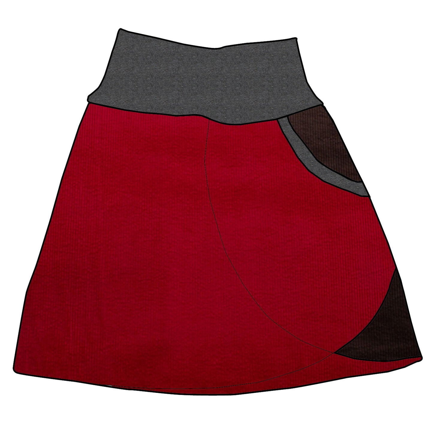 Damen Cordrock / falscher Wickelrock Cord Rot / Schokobraun