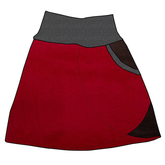 Damen Cordrock / falscher Wickelrock Cord Rot / Schokobraun