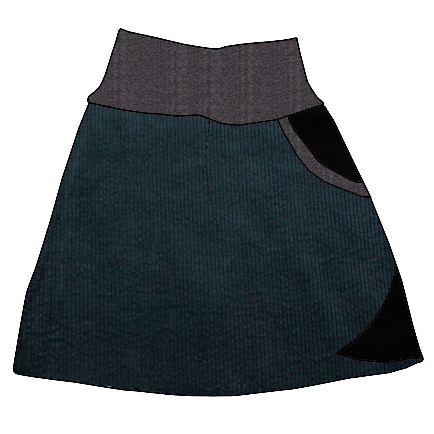 Damen Cordrock / falscher Wickelrock Cord Dunkelpetrol / Schwarz