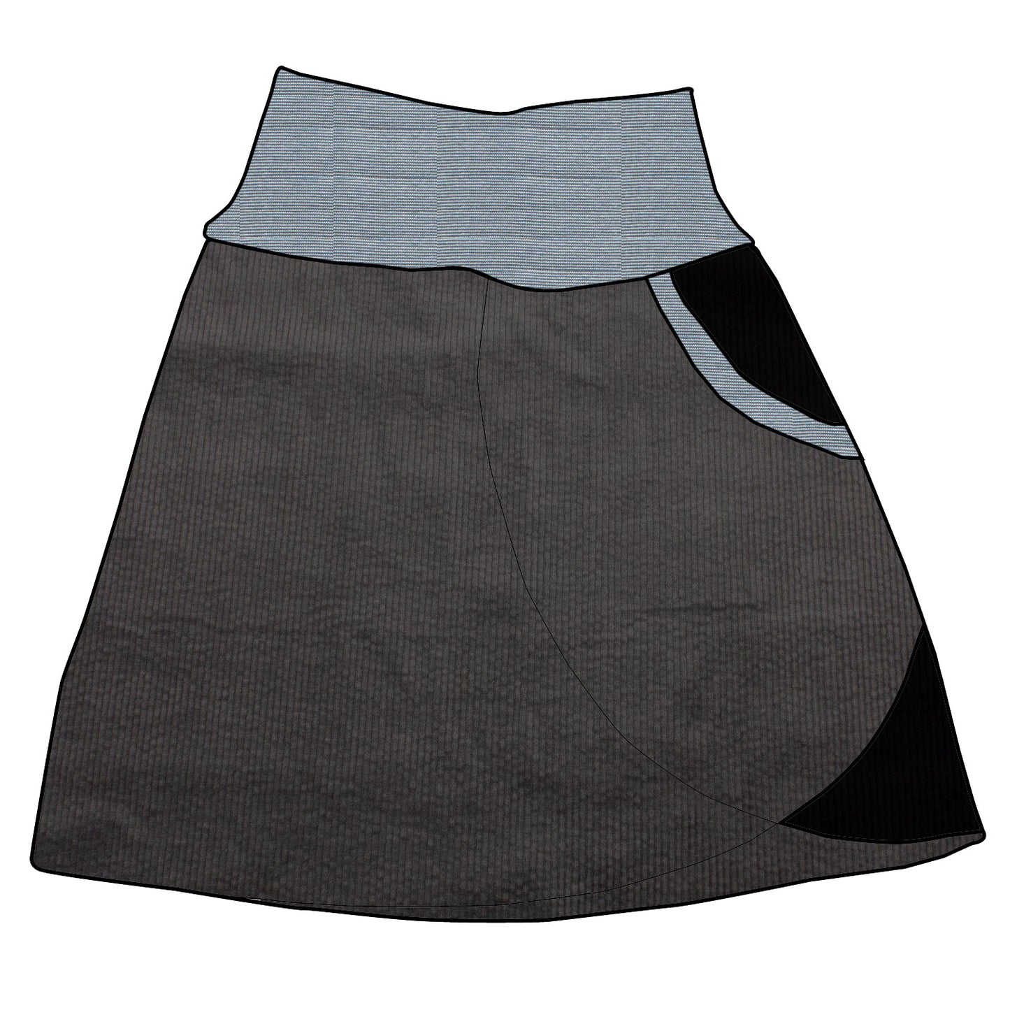 Damen Cordrock / falscher Wickelrock Cord Dunkelgrau / Schwarz