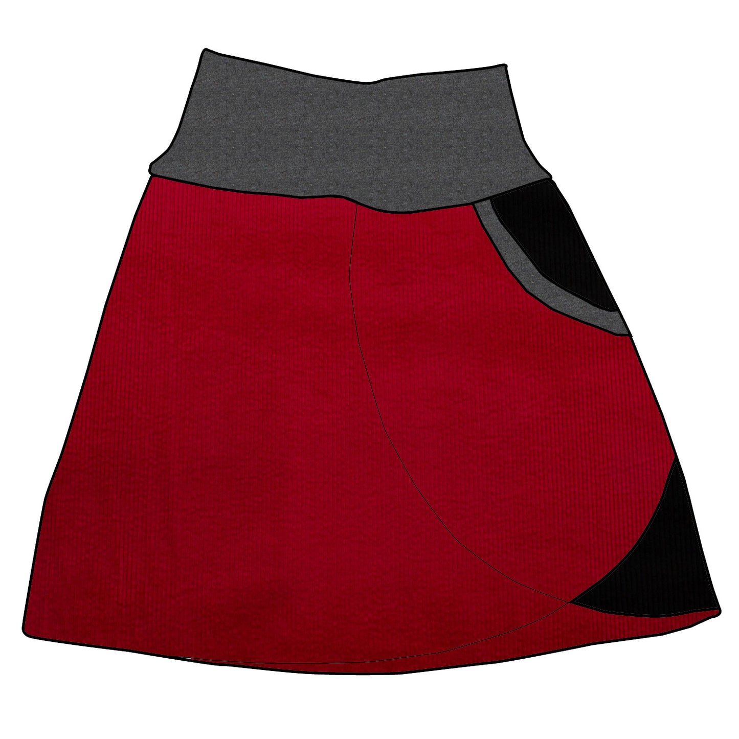 Damen Cordrock / falscher Wickelrock Cord Rot / Schwarz