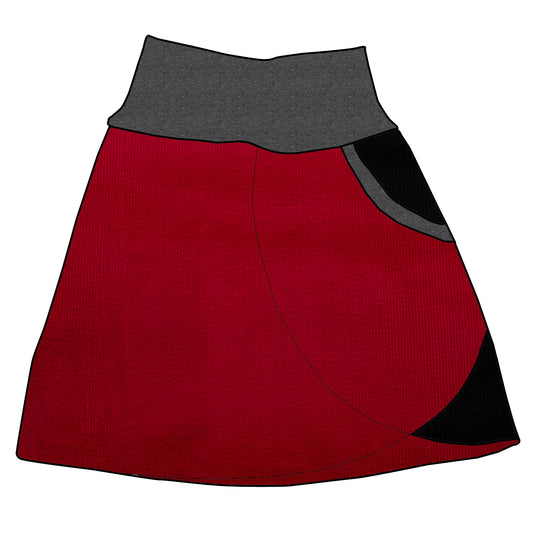 Damen Cordrock / falscher Wickelrock Cord Rot / Schwarz