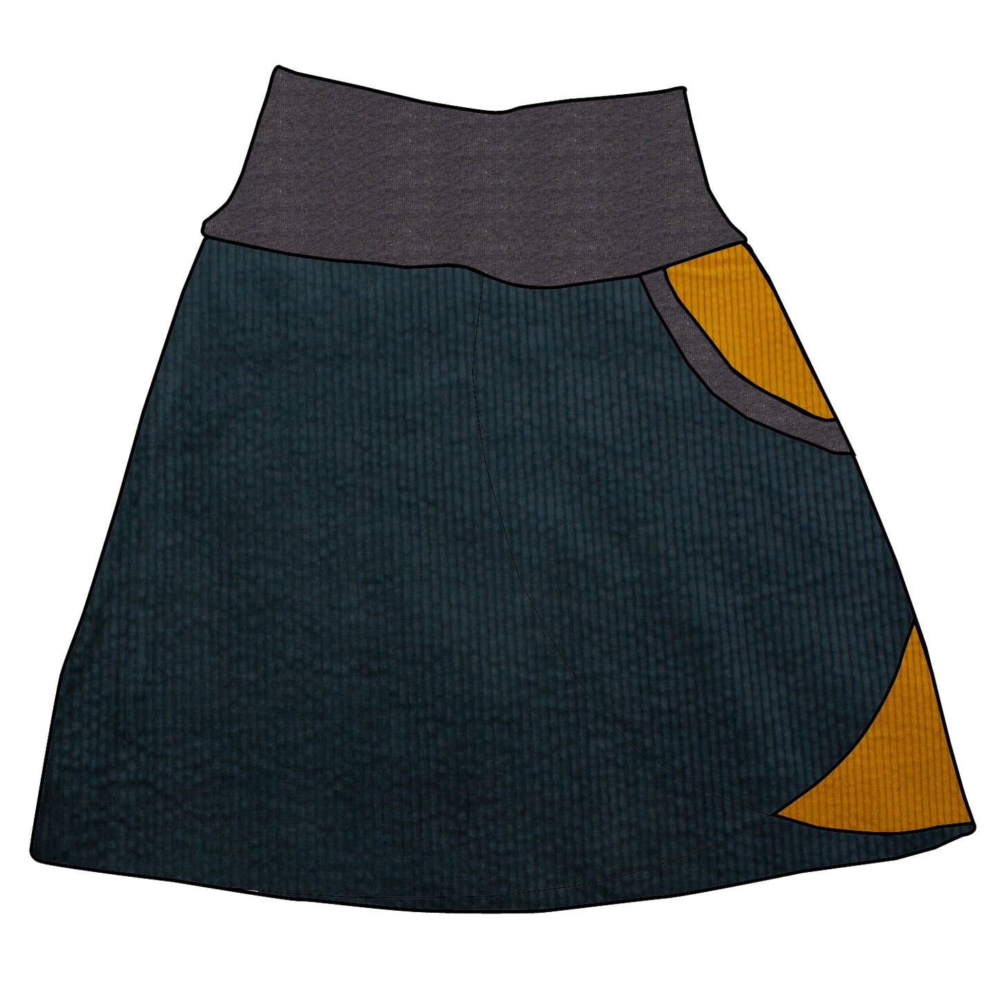 Damen Cordrock / falscher Wickelrock Cord Dunkelpetrol / Senf