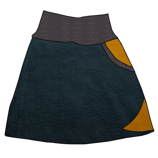 Damen Cordrock / falscher Wickelrock Cord Dunkelpetrol / Senf