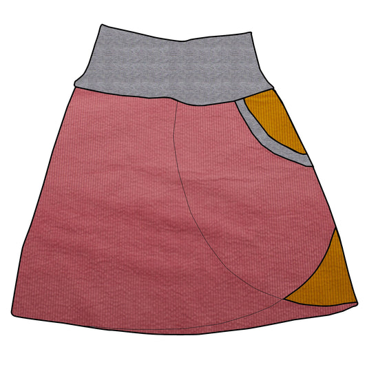 Damen Cordrock / falscher Wickelrock Cord Rosa / Senf