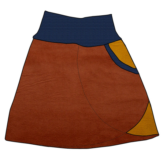 Damen Cordrock / falscher Wickelrock Cord Rostrot / Senf