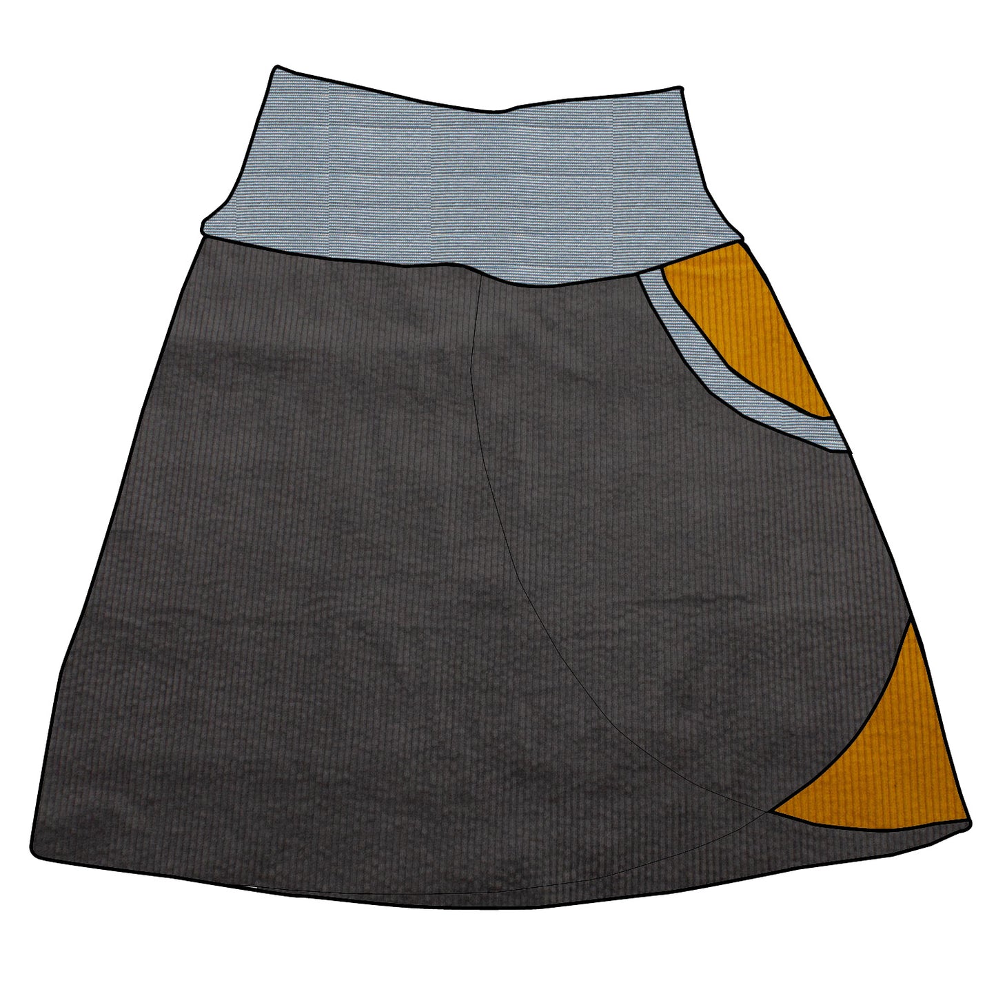 Damen Cordrock / falscher Wickelrock Cord Dunkelgrau / Senf