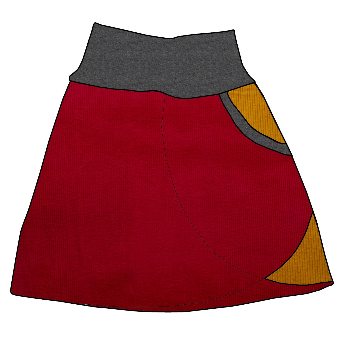 Damen Cordrock / falscher Wickelrock Cord Rot / Senf