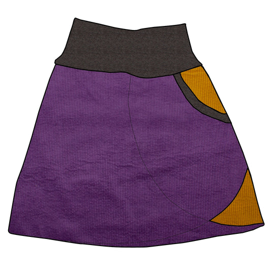 Damen Cordrock / falscher Wickelrock Cord Lila / Senf