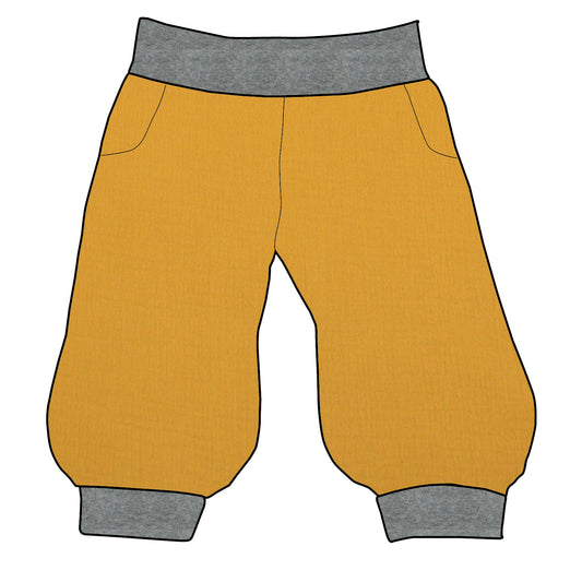 Damen 3/4 Caprihose Sporthose Musselin Senf