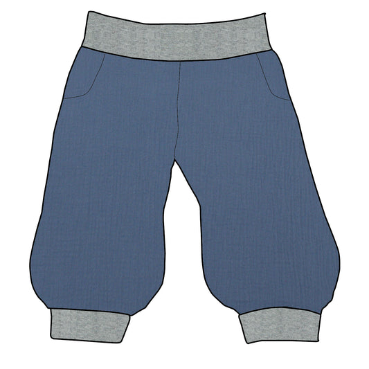 Damen 3/4 Caprihose Sporthose Musselin Blau