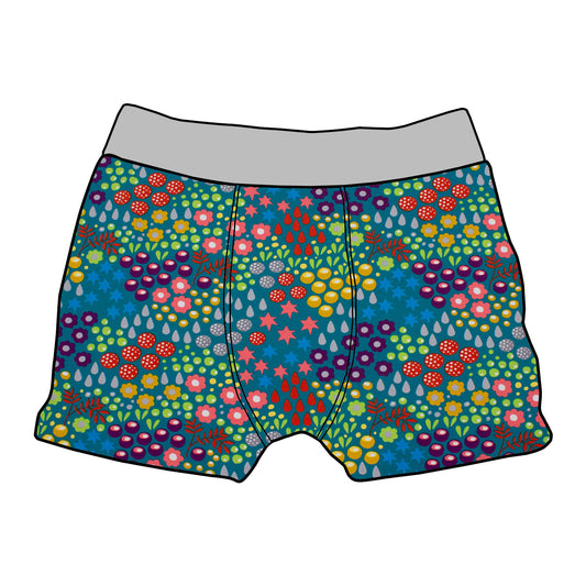 Kinder Boxershorts Retro Blumenwiese türkis