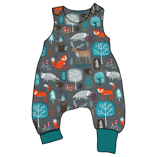 Baby Strampler / Einteiler Waldtiere grau