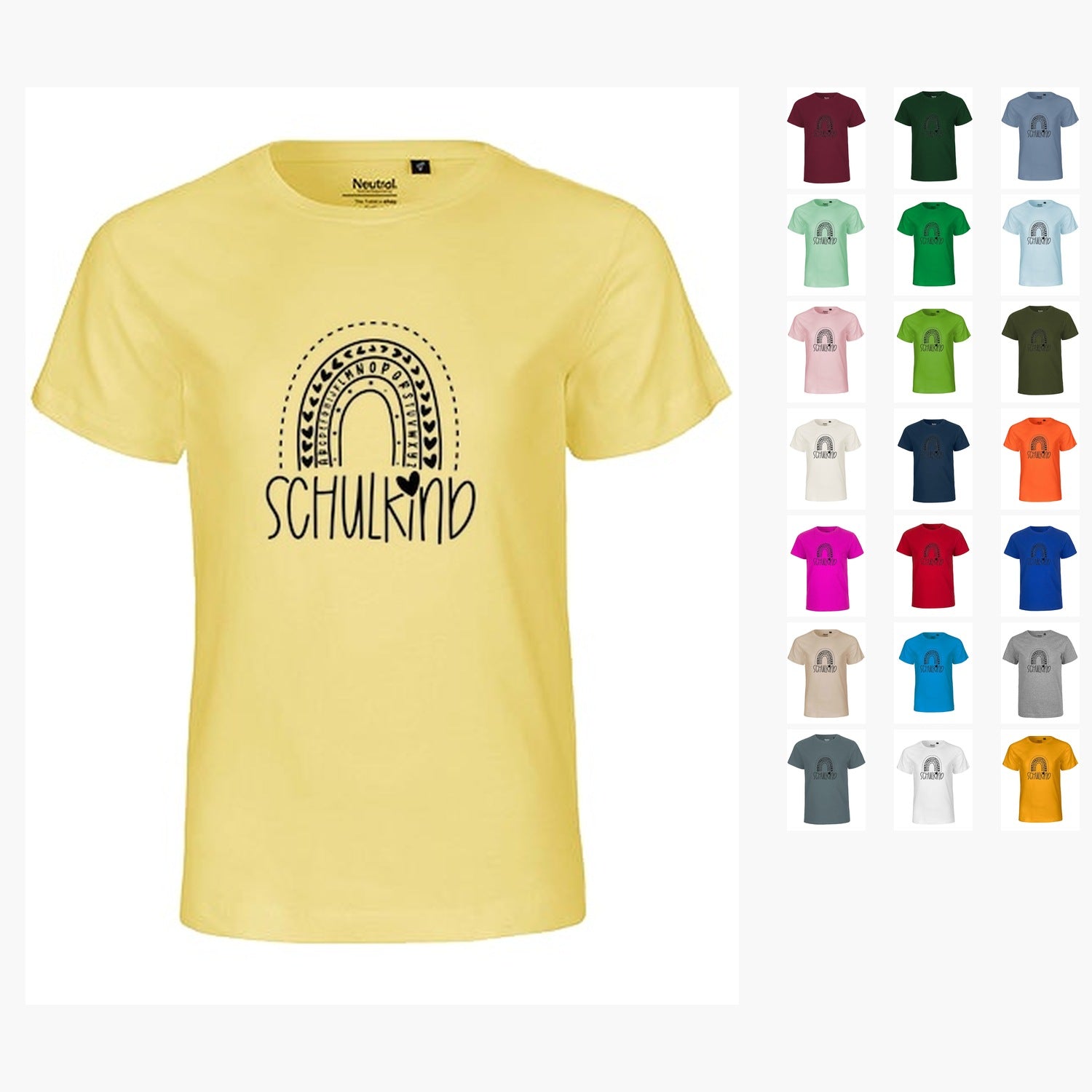MiMaMäuschen Kinder Bio T-Shirt Schulkind Alphabet Regenbogen (schwarzer Druck) 1 – Übersicht