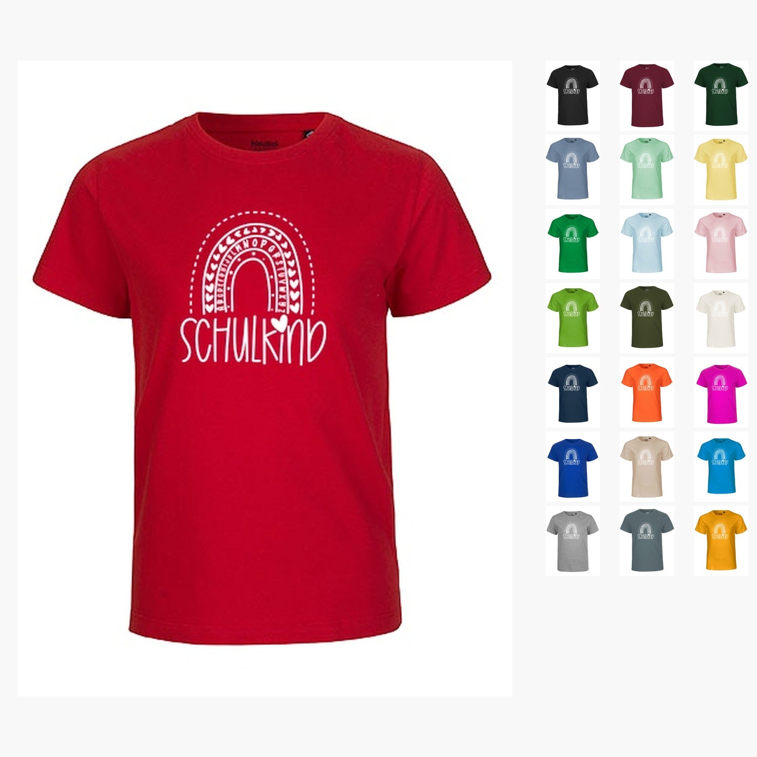 MiMaMäuschen Kinder Bio T-Shirt Schulkind Alphabet Regenbogen (weißer Druck) 2 – Übersicht