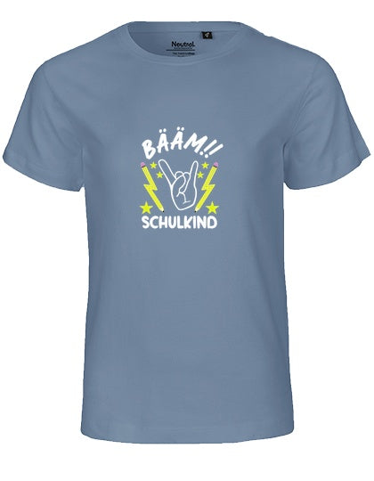 MiMaMäuschen Kinder Bio T-Shirt Schulkind BÄÄM! Schulkind (weißer Druck) 1 – Dusty Indigo