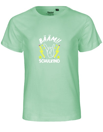 MiMaMäuschen Kinder Bio T-Shirt Schulkind BÄÄM! Schulkind (weißer Druck) 1 – Dusty Mint