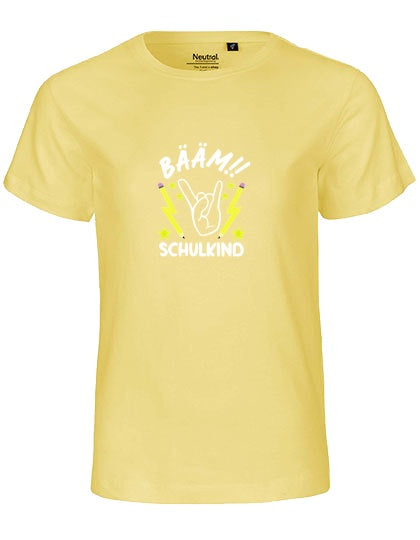 MiMaMäuschen Kinder Bio T-Shirt Schulkind BÄÄM! Schulkind (weißer Druck) 1 – Dusty Yellow