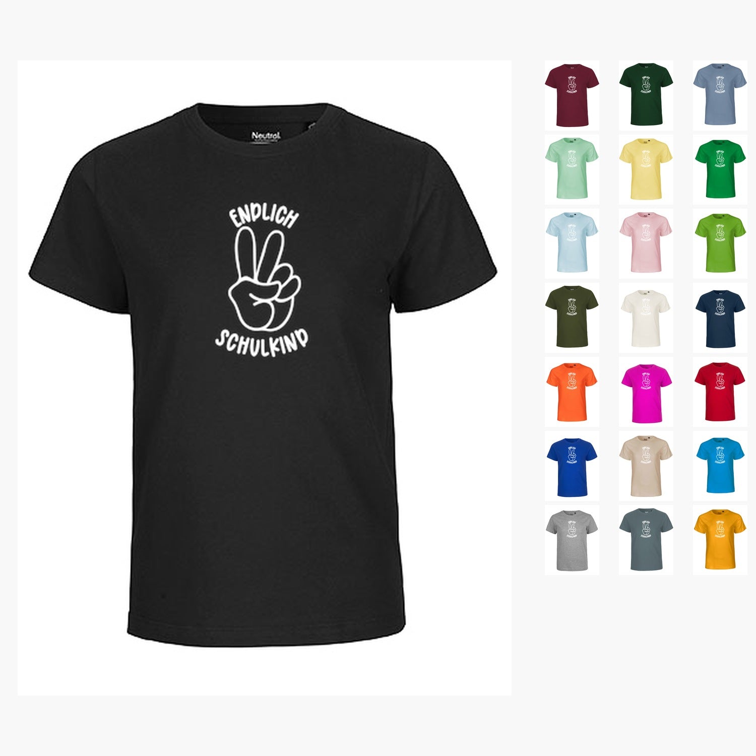 MiMaMäuschen Kinder Bio T-Shirt Schulkind Endlich Schulkind Peace (weißer Druck) 2 – Übersicht