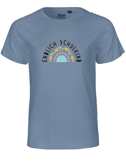 MiMaMäuschen Kinder Bio T-Shirt Schulkind Endlich Schulkind Regenbogen 1 – Dusty Indigo