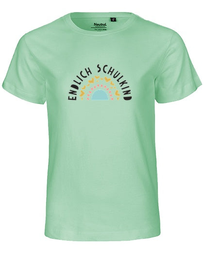 MiMaMäuschen Kinder Bio T-Shirt Schulkind Endlich Schulkind Regenbogen 1 – Dusty Mint