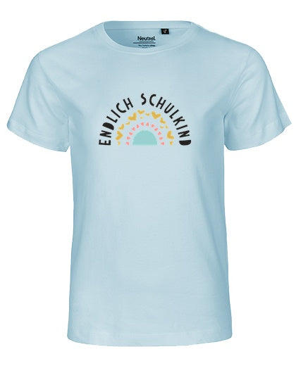 MiMaMäuschen Kinder Bio T-Shirt Schulkind Endlich Schulkind Regenbogen 1 – Light Blue