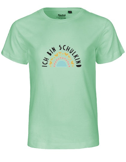MiMaMäuschen Kinder Bio T-Shirt Schulkind Ich bin Schulkind Regenbogen 1 – Dusty Mint