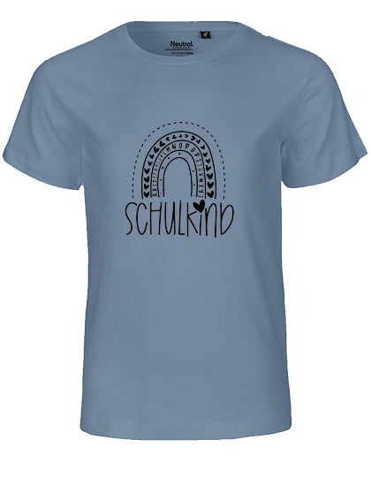 MiMaMäuschen Kinder Bio T-Shirt Schulkind Alphabet Regenbogen (schwarzer Druck) 1 – Dusty Indigo