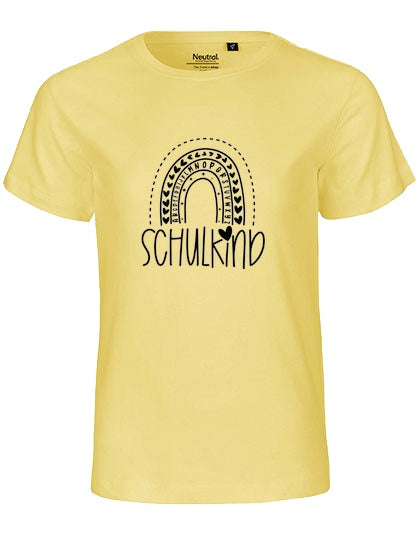 MiMaMäuschen Kinder Bio T-Shirt Schulkind Alphabet Regenbogen (schwarzer Druck) 1 – Dusty Yellow