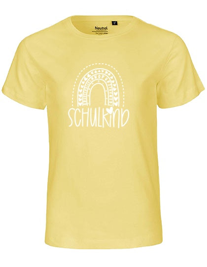 MiMaMäuschen Kinder Bio T-Shirt Schulkind Alphabet Regenbogen (weißer Druck) 1 – Dusty Yellow