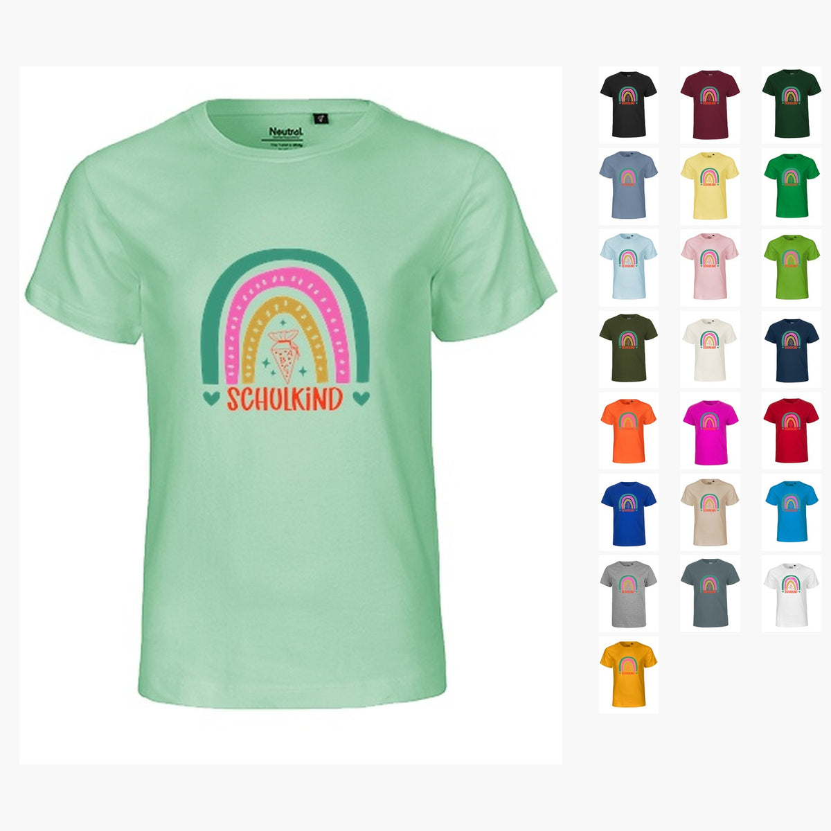 Kinder Bio T-Shirt Schulkind Bunter Regenbogen – Übersicht