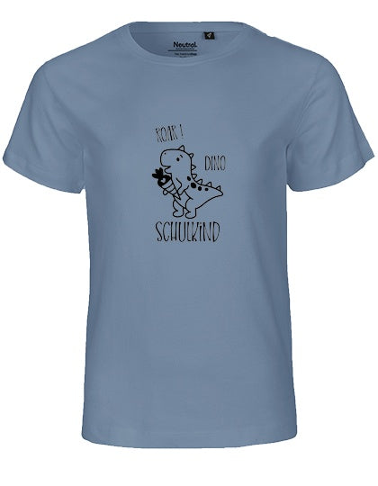 MiMaMäuschen Kinder Bio T-Shirt Schulkind Dino (schwarzer Druck) 1 – Dusty Indigo