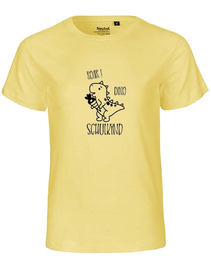 MiMaMäuschen Kinder Bio T-Shirt Schulkind Dino (schwarzer Druck) 1 – Dusty Yellow