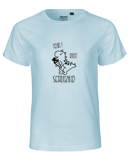MiMaMäuschen Kinder Bio T-Shirt Schulkind Dino (schwarzer Druck) 1 – Light Blue
