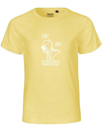 MiMaMäuschen Kinder Bio T-Shirt Schulkind Dino (weißer Druck) 1 – Dusty Yellow