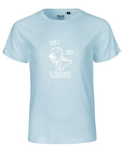 MiMaMäuschen Kinder Bio T-Shirt Schulkind Dino (weißer Druck) 1 – Light Blue