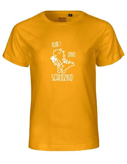 MiMaMäuschen Kinder Bio T-Shirt Schulkind Dino (weißer Druck) 2 – Yellow