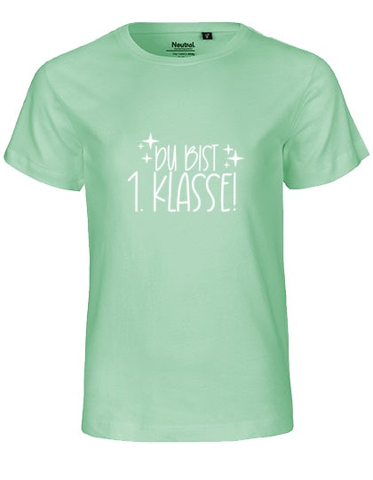 MiMaMäuschen Kinder Bio T-Shirt Schulkind Du Bist 1. Klasse (weißer Druck) 1 – Dusty Mint