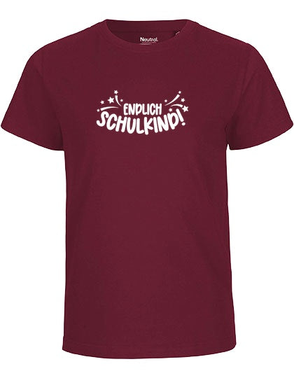 MiMaMäuschen Kinder Bio T-Shirt Schulkind Endlich Schulkind Sternschnuppe (weißer Druck) 1 – Bordeaux