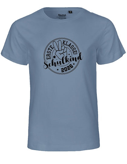 MiMaMäuschen Kinder Bio T-Shirt Schulkind Erste Klasse Peace (schwarzer Druck) 1 – Dusty Indigo