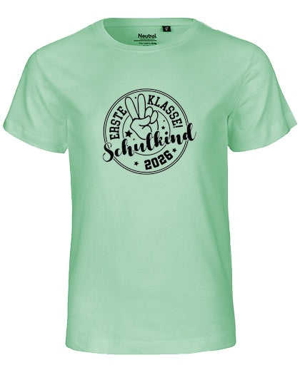 MiMaMäuschen Kinder Bio T-Shirt Schulkind Erste Klasse Peace (schwarzer Druck) 1 – Dusty Mint