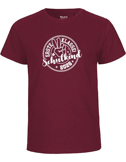 MiMaMäuschen Kinder Bio T-Shirt Schulkind Erste Klasse Peace (weißer Druck) 1 – Bordeaux